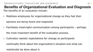 1 6
The benefits of an evaluation include:
• Mobilizes employees for organizational change as they feel their
opinions are being heard and respected.
• Facilitates meaningful communication among participants – perhaps
the most important benefit of the evaluation process.
• Cultivates realistic expectations for change as participants
continually think about the organization’s situation and what can
realistically be done about it.
Benefits of Organizational Evaluation and Diagnosis
O R G A N I Z A T I O N A L E V A L U A T I O N A N D D I A G N O S I S
 
