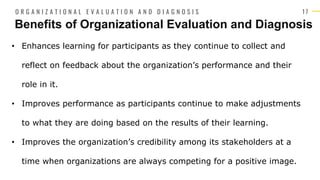 1 7
• Enhances learning for participants as they continue to collect and
reflect on feedback about the organization’s performance and their
role in it.
• Improves performance as participants continue to make adjustments
to what they are doing based on the results of their learning.
• Improves the organization’s credibility among its stakeholders at a
time when organizations are always competing for a positive image.
Benefits of Organizational Evaluation and Diagnosis
O R G A N I Z A T I O N A L E V A L U A T I O N A N D D I A G N O S I S
 