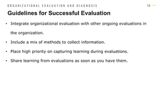 1 9
• Integrate organizational evaluation with other ongoing evaluations in
the organization.
• Include a mix of methods to collect information.
• Place high priority on capturing learning during evaluations.
• Share learning from evaluations as soon as you have them.
Guidelines for Successful Evaluation
O R G A N I Z A T I O N A L E V A L U A T I O N A N D D I A G N O S I S
 
