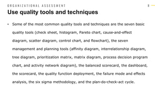 8
• Some of the most common quality tools and techniques are the seven basic
quality tools (check sheet, histogram, Pareto chart, cause-and-effect
diagram, scatter diagram, control chart, and flowchart), the seven
management and planning tools (affinity diagram, interrelationship diagram,
tree diagram, prioritization matrix, matrix diagram, process decision program
chart, and activity network diagram), the balanced scorecard, the dashboard,
the scorecard, the quality function deployment, the failure mode and effects
analysis, the six sigma methodology, and the plan-do-check-act cycle.
Use quality tools and techniques
O R G A N I Z A T I O N A L A S S E S S M E N T
 