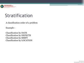 Stratification
A classification order of a problem

Example :

Classification by DATE
Classification by DEFECTS
Classification by SHIFT
Classification by LOCATION




                                                Aditya Kurniawan
                                      POLITEKNIK KOTA MALANG
 