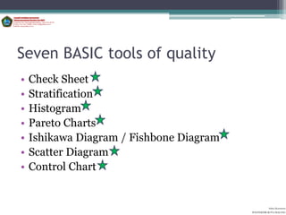 Seven BASIC tools of quality
•   Check Sheet
•   Stratification
•   Histogram
•   Pareto Charts
•   Ishikawa Diagram / Fishbone Diagram
•   Scatter Diagram
•   Control Chart


                                                    Aditya Kurniawan
                                          POLITEKNIK KOTA MALANG
 