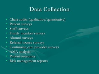 Data Collection
•   Chart audits (qualitative/quantitative)
•   Patient surveys
•   Staff surveys
•   Family member surveys
•   Alumni surveys
•   Referral source surveys
•   Continuing care provider surveys
•   AMA analysis
•   Patient outcomes
•   Risk management reports
 