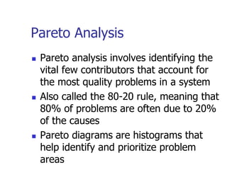 Pareto Analysis
 Pareto analysis involves identifying the
vital few contributors that account for
the most quality problems in a system
 Also called the 80-20 rule, meaning that
80% of problems are often due to 20%
of the causes
 Pareto diagrams are histograms that
help identify and prioritize problem
areas
 