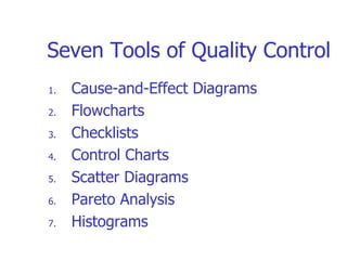 Seven Tools of Quality Control
1. Cause-and-Effect Diagrams
2. Flowcharts
3. Checklists
4. Control Charts
5. Scatter Diagrams
6. Pareto Analysis
7. Histograms
 
