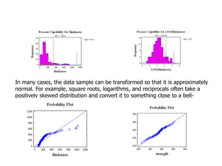 In many cases, the data sample can be transformed so that it is approximately
normal. For example, square roots, logarithms, and reciprocals often take a
positively skewed distribution and convert it to something close to a bell-
shaped curve
 