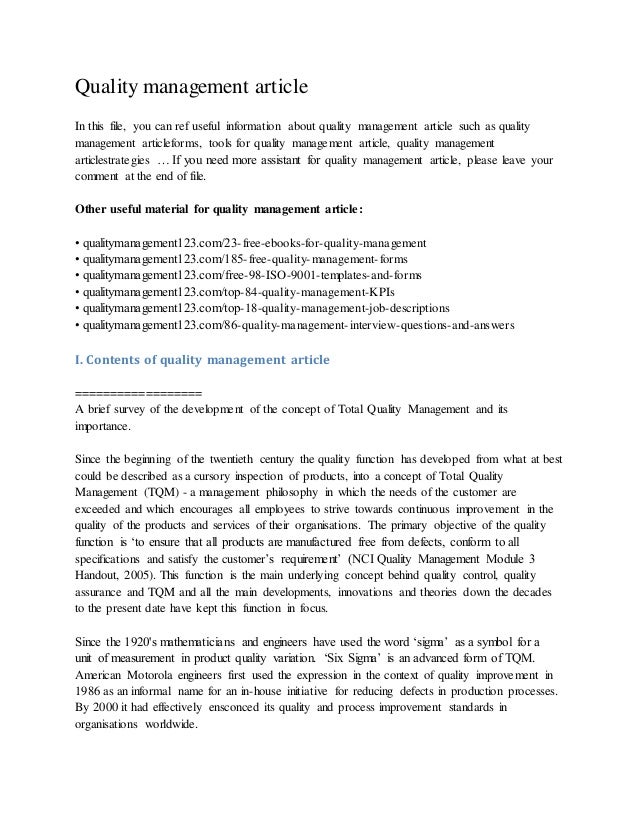 Quality management article