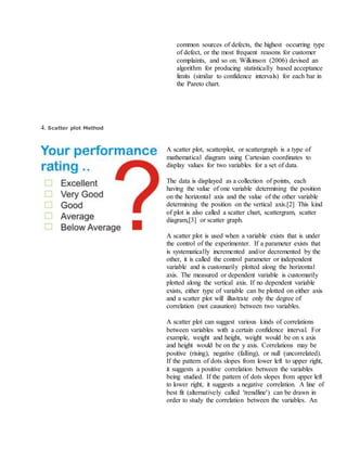 common sources of defects, the highest occurring type
of defect, or the most frequent reasons for customer
complaints, and so on. Wilkinson (2006) devised an
algorithm for producing statistically based acceptance
limits (similar to confidence intervals) for each bar in
the Pareto chart.
4. Scatter plot Method
A scatter plot, scatterplot, or scattergraph is a type of
mathematical diagram using Cartesian coordinates to
display values for two variables for a set of data.
The data is displayed as a collection of points, each
having the value of one variable determining the position
on the horizontal axis and the value of the other variable
determining the position on the vertical axis.[2] This kind
of plot is also called a scatter chart, scattergram, scatter
diagram,[3] or scatter graph.
A scatter plot is used when a variable exists that is under
the control of the experimenter. If a parameter exists that
is systematically incremented and/or decremented by the
other, it is called the control parameter or independent
variable and is customarily plotted along the horizontal
axis. The measured or dependent variable is customarily
plotted along the vertical axis. If no dependent variable
exists, either type of variable can be plotted on either axis
and a scatter plot will illustrate only the degree of
correlation (not causation) between two variables.
A scatter plot can suggest various kinds of correlations
between variables with a certain confidence interval. For
example, weight and height, weight would be on x axis
and height would be on the y axis. Correlations may be
positive (rising), negative (falling), or null (uncorrelated).
If the pattern of dots slopes from lower left to upper right,
it suggests a positive correlation between the variables
being studied. If the pattern of dots slopes from upper left
to lower right, it suggests a negative correlation. A line of
best fit (alternatively called 'trendline') can be drawn in
order to study the correlation between the variables. An
 