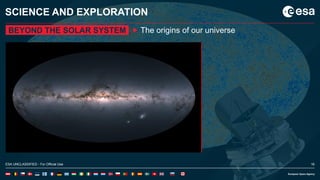 16ESA UNCLASSIFIED - For Official Use
SCIENCE AND EXPLORATION
BEYOND THE SOLAR SYSTEM The origins of our universe
ESA UNCLASSIFIED - For Official Use 16
 