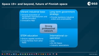 58ESA UNCLASSIFIED - For Official UseESA UNCLASSIFIED - For Official Use 58
Space 19+ and beyond, future of Finnish space
Vibrant industrial base
• Diverse ecosystem of
equipment manufacturers and
service providers
• Innovative R&D
Long term government
strategy
• Provide backbone industrial
orders and predictability
STEM education
• Ensure capable workforce
• Cross-fertilize from other
fields
International co-
operation
• ESA
• EU DG Space
• Industry associations
Strong
professional
network
 