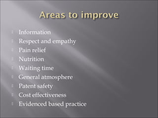 Information 
 Respect and empathy 
 Pain relief 
 Nutrition 
 Waiting time 
 General atmosphere 
 Patent safety 
 Cost effectiveness 
 Evidenced based practice 
 