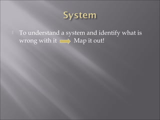  To understand a system and identify what is 
wrong with it Map it out! 
 