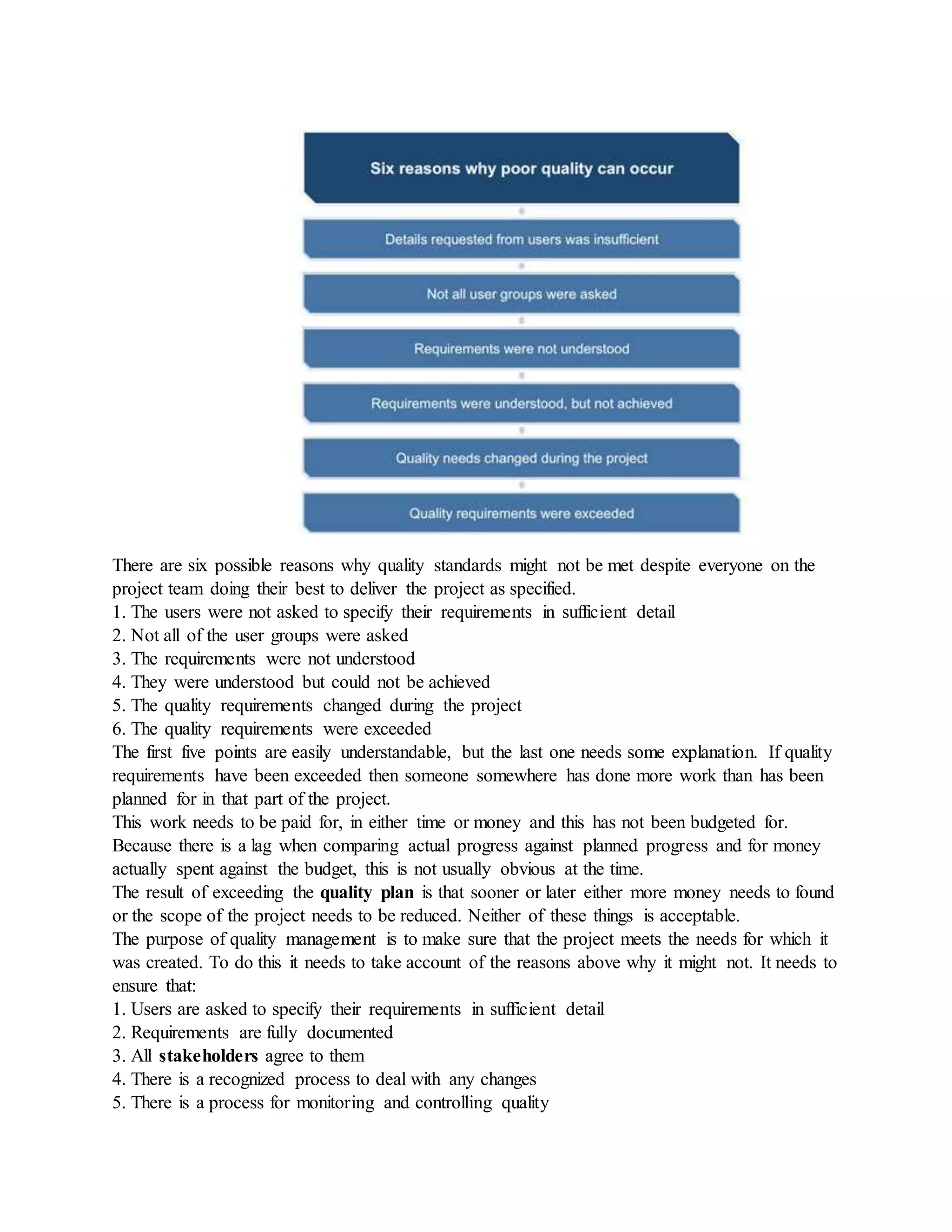 There are six possible reasons why quality standards might not be met despite everyone on the
project team doing their best to deliver the project as specified.
1. The users were not asked to specify their requirements in sufficient detail
2. Not all of the user groups were asked
3. The requirements were not understood
4. They were understood but could not be achieved
5. The quality requirements changed during the project
6. The quality requirements were exceeded
The first five points are easily understandable, but the last one needs some explanation. If quality
requirements have been exceeded then someone somewhere has done more work than has been
planned for in that part of the project.
This work needs to be paid for, in either time or money and this has not been budgeted for.
Because there is a lag when comparing actual progress against planned progress and for money
actually spent against the budget, this is not usually obvious at the time.
The result of exceeding the quality plan is that sooner or later either more money needs to found
or the scope of the project needs to be reduced. Neither of these things is acceptable.
The purpose of quality management is to make sure that the project meets the needs for which it
was created. To do this it needs to take account of the reasons above why it might not. It needs to
ensure that:
1. Users are asked to specify their requirements in sufficient detail
2. Requirements are fully documented
3. All stakeholders agree to them
4. There is a recognized process to deal with any changes
5. There is a process for monitoring and controlling quality
 