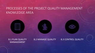 PROCESSES OF THE PROJECT QUALITY MANAGEMENT
KNOWLEDGE AREA
8.1 PLAN QUALITY
MANAGEMENT
8.2 MANAGE QUALITY 8.3 CONTROL QUAL...