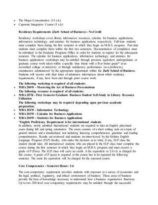  The Major Concentration (15 s.h.)
 Capstone Integrative Course (3 s.h.)
Residency Requirements (Zarb School of Business) - No Credit
Residency workshops cover library information resources, calculus for business applications,
information technology, and statistics for business applications respectively. Full-time students
must complete them during the first semester in which they begin an M.B.A. program. Part-time
students must complete them within the first two semesters. Documentation of completion must
be submitted to the Graduate Programs Office in order for students to register for the subsequent
semester. The calculus for business applications, information technology, and statistics for
business applications workshops may be satisfied through previous equivalent undergraduate or
graduate course work taken within a specific time frame with a B or better grade* at an
accredited college or university or through satisfactory performance on a proficiency
examination administered by the appropriate department within the Zarb School of Business.
Students will receive with their letter of admission information about which residency
requirements, if any, have been met through prior course work.
The following workshop is required of all students:
 MBA 206W - Mastering the Art of Business Presentations
The following resource is required of all students:
 MBA 207R - First SemesterGraduate Business Student Self-Study in Library Resource
Utilization
The following workshops may be required depending upon previous academic
preparation:
 MBA 202W - Information Technology
 MBA 203W - Calculus for Business Applications
 MBA 204W - Statistics for Business Applications
*English Proficiency Requirement is for international students
In addition, newly admitted international students are required to take an English placement
exam during fall and spring orientation. The exam consists of a short writing task on a topic of
general interest and a standardized test including listening comprehension, grammar and reading
comprehension. Results are reviewed and students are interviewed by the Hofstra English
Language Program (ELP) faculty, who make the decision as to what, if any, ELP class the
student should take. All international students who are placed in the ELP class must complete the
course during the first semester in which they begin an M.B.A. program and must receive a
grade of P (Pass). The ELP class will carry no credit. A fee equivalent to 2.0 s.h. is charged for
this course. A grade of P (pass) is required or the course has to be repeated the following
semester. The same fee equivalent will be charged for the repeated course.
Core Competencies - SemesterHours: 2-6
The core competency requirement provides students with exposure to a survey of economics and
the legal, political, regulatory, and ethical environment of business. These areas of business
provide the base of knowledge necessary to understand how a business organization functions.
Up to two 200-level core competency requirements may be satisfied through the successful
 