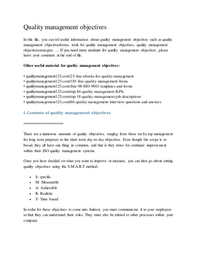 Quality management objectives