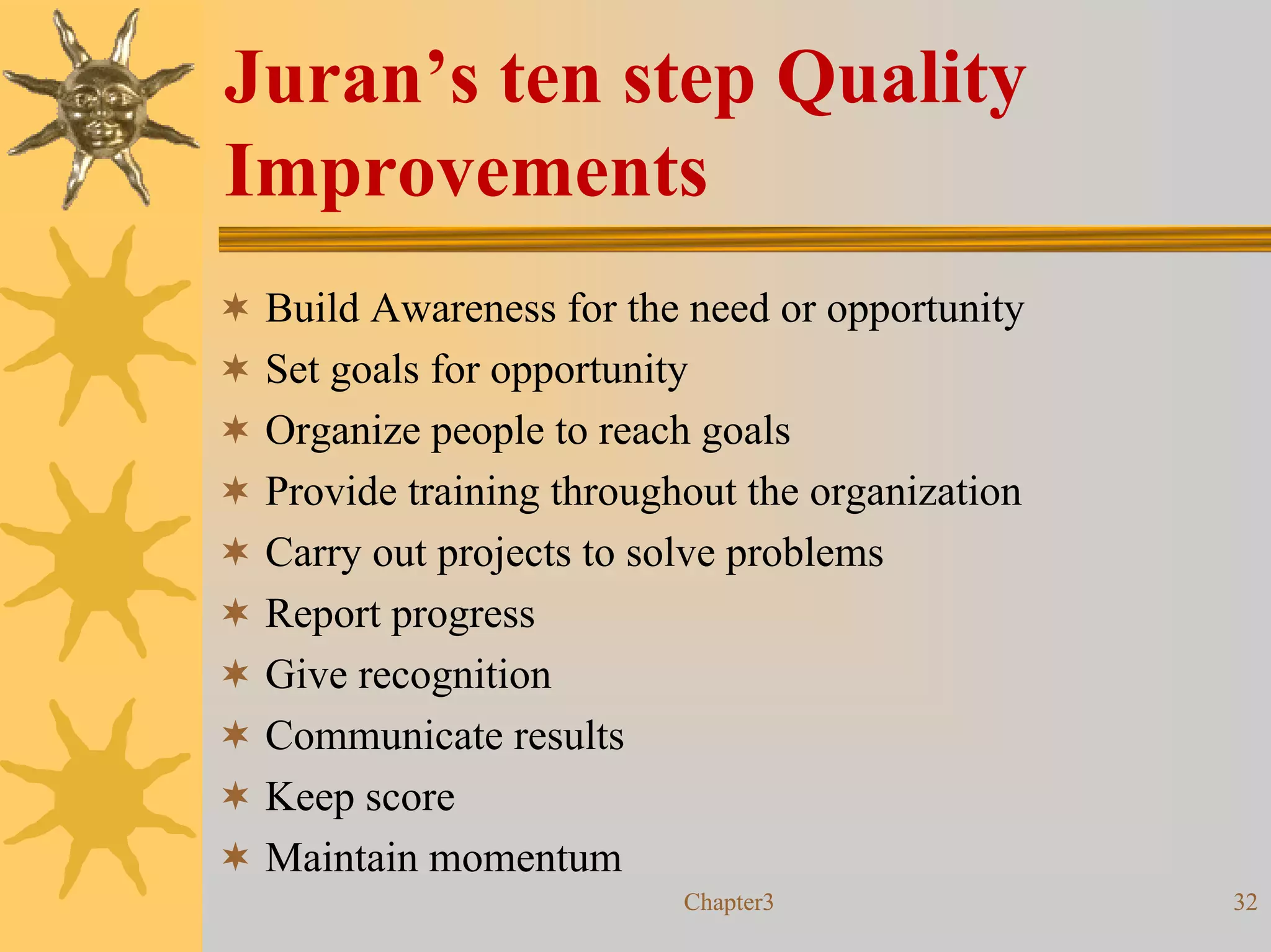 Juran’s ten step Quality
Improvements
 Build Awareness for the need or opportunity
 Set goals for opportunity
 Organize people to reach goals
 Provide training throughout the organization
 Carry out projects to solve problems
 Report progress
 Give recognition
 Communicate results
 Keep score
 Maintain momentum
                         Chapter3               32
 
