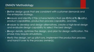 10
• Define design goals that are consistent with customer demands and
the enterprise strategy.
• Measure and identify CTQs (characteristics that are Critical To Quality),
product capabilities, production process capability, and risks.
• Analyze to develop and design alternatives, create a high-level design
and evaluate design capability to select the best design.
• Design details, optimize the design, and plan for design verification. This
phase may require simulations.
• Verify the design, set up pilot runs, implement the production process
and hand it over to the process owner(s).
DMADV Methodology
 