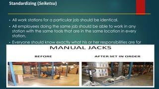 108
• All work stations for a particular job should be identical.
• All employees doing the same job should be able to work in any
station with the same tools that are in the same location in every
station.
• Everyone should know exactly what his or her responsibilities are for
adhering to the first 3 S's.
Standardizing (Seiketsu)
 