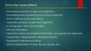 115
• Processing omissions (a step was forgotten)
• Processing errors (something was done incorrectly)
• Error in setting up the work piece
• Assembly omissions (a part was forgotten)
• A wrong part / item was included
• Wrong work piece
• Operations errors (incomplete information, procedures not followed)
• Adjustment, measurement, dimensional errors
• Equipment maintenance errors
• Errors in preparation of tools, fixtures, blades, etc
Errors that causes defects
 