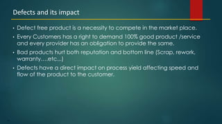 116
• Defect free product is a necessity to compete in the market place.
• Every Customers has a right to demand 100% good product /service
and every provider has an obligation to provide the same.
• Bad products hurt both reputation and bottom line (Scrap, rework,
warranty….etc.,.)
• Defects have a direct impact on process yield affecting speed and
flow of the product to the customer.
Defects and its impact
 