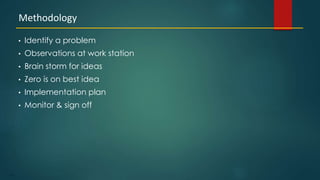 117
• Identify a problem
• Observations at work station
• Brain storm for ideas
• Zero is on best idea
• Implementation plan
• Monitor & sign off
Methodology
 