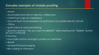 121
• Home
– Automated shut-offs on electric coffee pots
– Child-Proof caps on mediations
– Ground fault circuit breakers for bathrooms or outside electric circuits
• Office
– Spell check in word processing
– Question prompt “Do you want to delete?” after pressing the “Delete” button
on your computer
• Factory:
– Dual palm button and light curtains on machines
• Retail:
– Tamper-Proof packaging
– Bar coding at checkout.
Everyday examples of mistake proofing
 