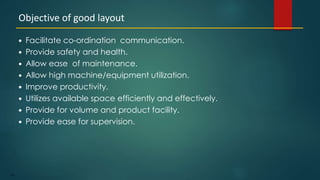 129
 Facilitate co-ordination communication.
 Provide safety and health.
 Allow ease of maintenance.
 Allow high machine/equipment utilization.
 Improve productivity.
 Utilizes available space efficiently and effectively.
 Provide for volume and product facility.
 Provide ease for supervision.
Objective of good layout
 