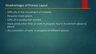 135
• Difficulty in the movement of material.
• Requires more space.
• Difficult in production control.
• More production time as work in progress has to travel from place to
place.
• Accumulation of work in progress at different places.
Disadvantages of Process Layout.
 