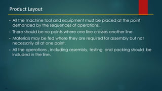 136
• All the machine tool and equipment must be placed at the point
demanded by the sequences of operations.
• There should be no points where one line crosses another line.
• Materials may be fed where they are required for assembly but not
necessarily all at one point.
• All the operations , including assembly, testing and packing should be
included in the line.
Product Layout
 
