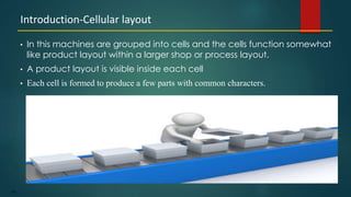 140
• In this machines are grouped into cells and the cells function somewhat
like product layout within a larger shop or process layout.
• A product layout is visible inside each cell
• Each cell is formed to produce a few parts with common characters.
Introduction-Cellular layout
 