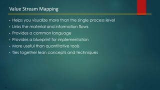 163
• Helps you visualize more than the single process level
• Links the material and information flows
• Provides a common language
• Provides a blueprint for implementation
• More useful than quantitative tools
• Ties together lean concepts and techniques
Value Stream Mapping
 