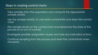 178
• Take samples from the population and compute the appropriate
sample statistic
• Use the sample statistic to calculate control limits and draw the control
chart
• Plot sample results on the control chart and determine the state of the
process (in or out of control)
• Investigate possible assignable causes and take any indicated actions
• Continue sampling from the process and reset the control limits when
necessary
Steps in creating control charts
 