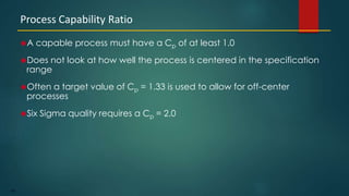 180
A capable process must have a Cp of at least 1.0
Does not look at how well the process is centered in the specification
range
Often a target value of Cp = 1.33 is used to allow for off-center
processes
Six Sigma quality requires a Cp = 2.0
Process Capability Ratio
 