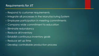 26
• Respond to customer requirements
• Integrate all processes in the Manufacturing System
• Employee participation in meeting commitments
• Company wide commitment to education
• Eliminate redundancy
• Reduce all inventory
• Establish continuous inventory goals
• Reduce set up time
• Develop controllable production process
Requirements for JIT
 