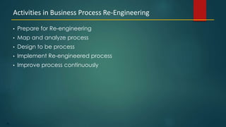 62
• Prepare for Re-engineering
• Map and analyze process
• Design to be process
• Implement Re-engineered process
• Improve process continuously
Activities in Business Process Re-Engineering
 