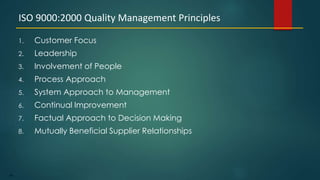 68
1. Customer Focus
2. Leadership
3. Involvement of People
4. Process Approach
5. System Approach to Management
6. Continual Improvement
7. Factual Approach to Decision Making
8. Mutually Beneficial Supplier Relationships
ISO 9000:2000 Quality Management Principles
 
