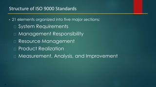 69
• 21 elements organized into five major sections:
System Requirements
Management Responsibility
Resource Management
Product Realization
Measurement, Analysis, and Improvement
Structure of ISO 9000 Standards
 