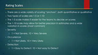 90
• There are a wide variety of scoring “anchors”, both quantitative or qualitative
• Two types of scales are 1-5 or 1-10
• The 1-5 scale makes it easier for the teams to decide on scores
• The 1-10 scale may allow for better precision in estimates and a wide
variation in scores (most common)
• Severity
1 = Not Severe, 10 = Very Severe
• Occurrence
1 = Not Likely, 10 = Very Likely
• Detection
1 = Easy to Detect, 10 = Not easy to Detect
Rating Scales
 
