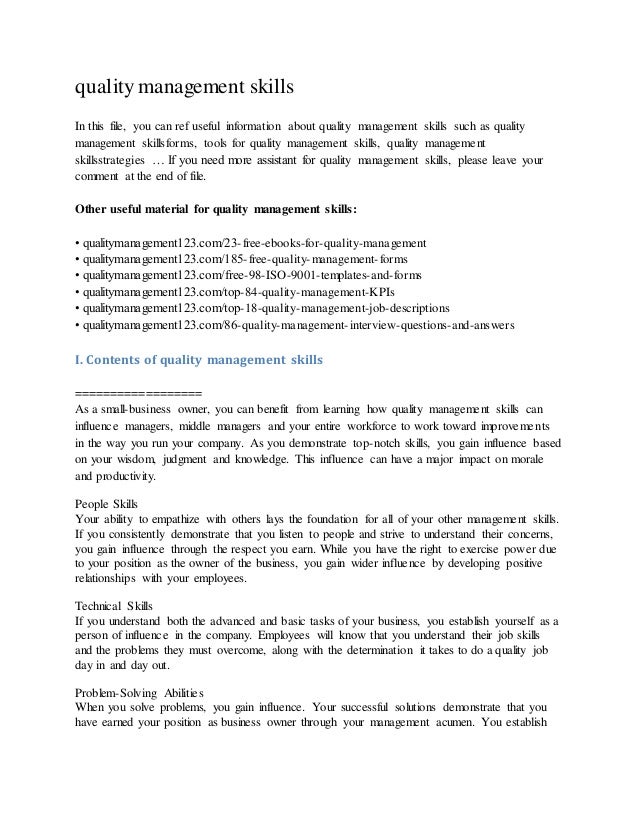 quality management skills management skills and abilities