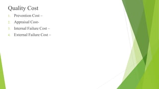 Quality Cost
1. Prevention Cost –
2. Appraisal Cost-
3. Internal Failure Cost –
4. External Failure Cost –
 