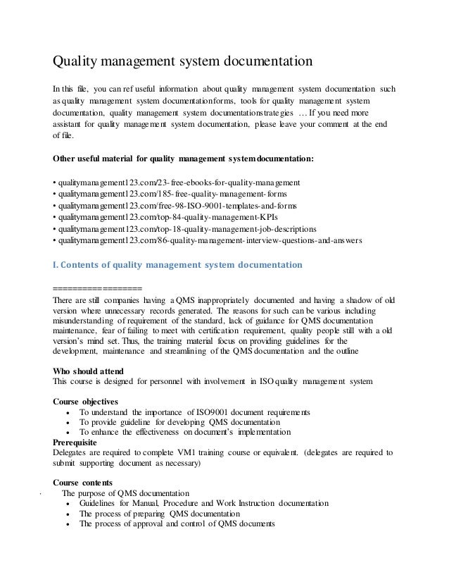 Quality management system documentation