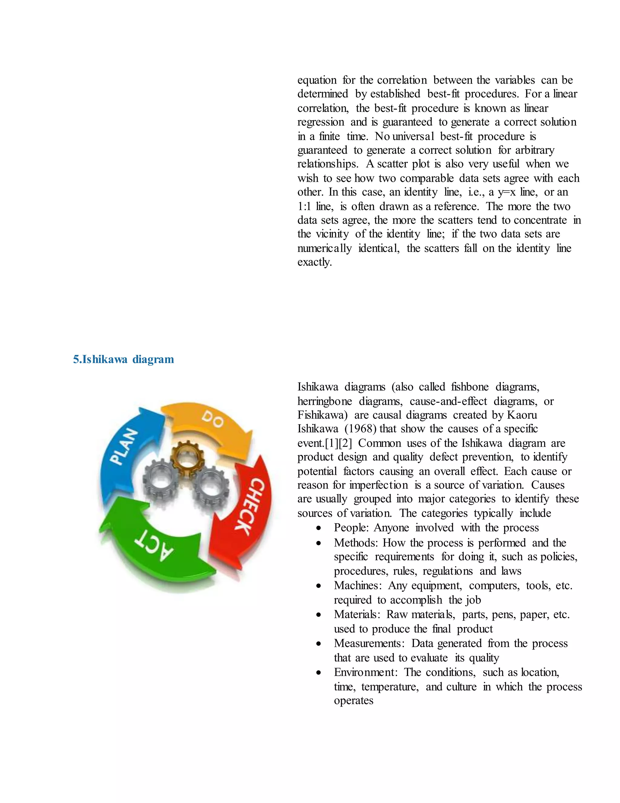 equation for the correlation between the variables can be
determined by established best-fit procedures. For a linear
correlation, the best-fit procedure is known as linear
regression and is guaranteed to generate a correct solution
in a finite time. No universal best-fit procedure is
guaranteed to generate a correct solution for arbitrary
relationships. A scatter plot is also very useful when we
wish to see how two comparable data sets agree with each
other. In this case, an identity line, i.e., a y=x line, or an
1:1 line, is often drawn as a reference. The more the two
data sets agree, the more the scatters tend to concentrate in
the vicinity of the identity line; if the two data sets are
numerically identical, the scatters fall on the identity line
exactly.
5.Ishikawa diagram
Ishikawa diagrams (also called fishbone diagrams,
herringbone diagrams, cause-and-effect diagrams, or
Fishikawa) are causal diagrams created by Kaoru
Ishikawa (1968) that show the causes of a specific
event.[1][2] Common uses of the Ishikawa diagram are
product design and quality defect prevention, to identify
potential factors causing an overall effect. Each cause or
reason for imperfection is a source of variation. Causes
are usually grouped into major categories to identify these
sources of variation. The categories typically include
 People: Anyone involved with the process
 Methods: How the process is performed and the
specific requirements for doing it, such as policies,
procedures, rules, regulations and laws
 Machines: Any equipment, computers, tools, etc.
required to accomplish the job
 Materials: Raw materials, parts, pens, paper, etc.
used to produce the final product
 Measurements: Data generated from the process
that are used to evaluate its quality
 Environment: The conditions, such as location,
time, temperature, and culture in which the process
operates
 