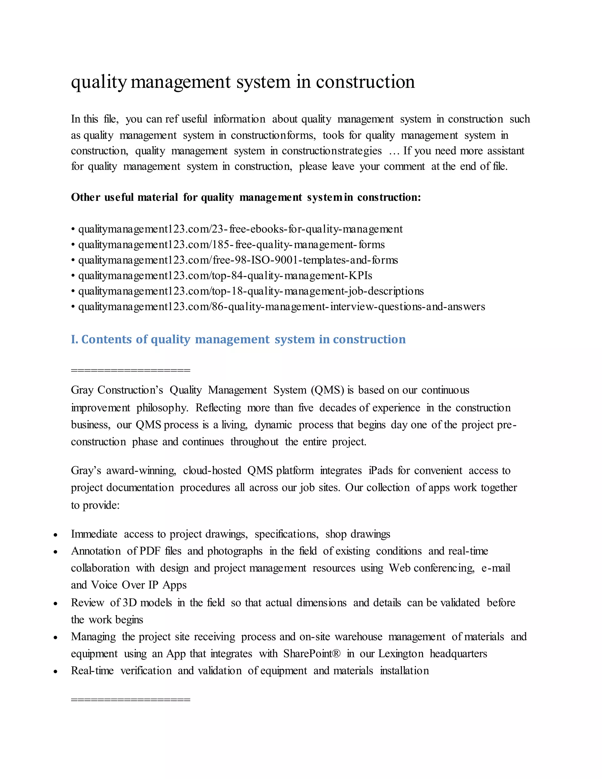 Quality management system in construction | DOCX