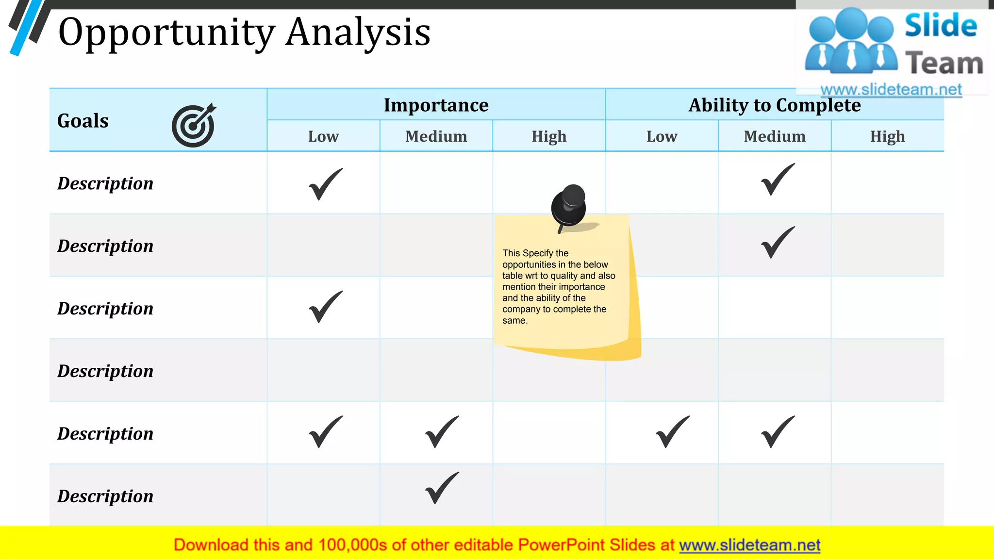 Opportunity Analysis
Goals
Importance Ability to Complete
Low Medium High Low Medium High
Description
Description
Description
Description
Description
Description
26
This Specify the
opportunities in the below
table wrt to quality and also
mention their importance
and the ability of the
company to complete the
same.
 