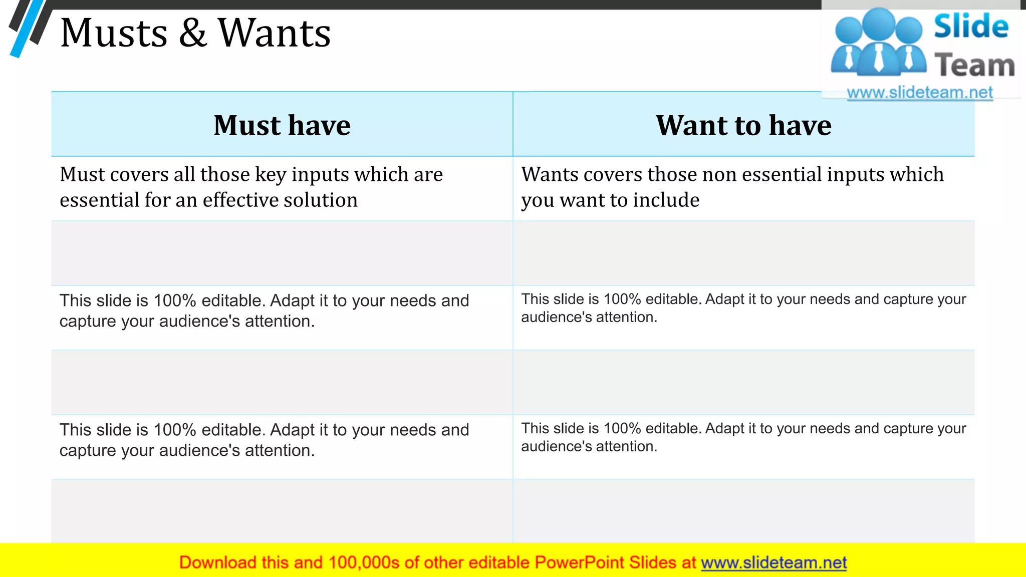 Musts & Wants
Must have Want to have
Must covers all those key inputs which are
essential for an effective solution
Wants covers those non essential inputs which
you want to include
This slide is 100% editable. Adapt it to your needs and
capture your audience's attention.
This slide is 100% editable. Adapt it to your needs and capture your
audience's attention.
This slide is 100% editable. Adapt it to your needs and
capture your audience's attention.
This slide is 100% editable. Adapt it to your needs and capture your
audience's attention.
32
 