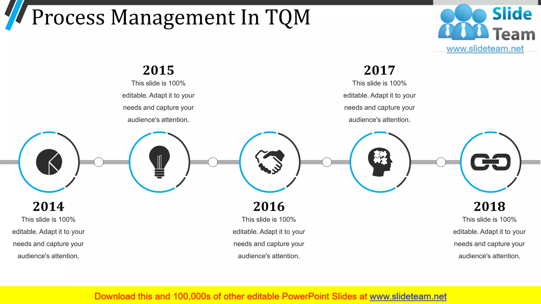 Process Management In TQM
8
2014
This slide is 100%
editable. Adapt it to your
needs and capture your
audience's attention.
2015
This slide is 100%
editable. Adapt it to your
needs and capture your
audience's attention.
2017
This slide is 100%
editable. Adapt it to your
needs and capture your
audience's attention.
2016
This slide is 100%
editable. Adapt it to your
needs and capture your
audience's attention.
2018
This slide is 100%
editable. Adapt it to your
needs and capture your
audience's attention.
 