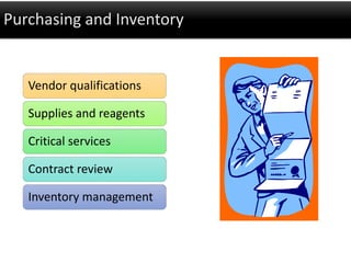 Purchasing and Inventory
Vendor qualifications
Supplies and reagents
Critical services
Contract review
Inventory management
 
