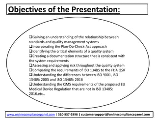Objectives of the Presentation:
Gaining an understanding of the relationship between
standards and quality management systems
Incorporating the Plan-Do-Check-Act approach
Identifying the critical elements of a quality system
Creating a documentation structure that is consistent with
the system requirements
Assessing and applying risk throughout the quality system
Comparing the requirements of ISO 13485 to the FDA QSR
Understanding the differences between ISO 9001, ISO
13485: 2003 and ISO 13485: 2016
Understanding the QMS requirements of the proposed EU
Medical Device Regulation that are not in ISO 13485:
2016.etc..
www.onlinecompliancepanel.com | 510-857-5896 | customersupport@onlinecompliancepanel.com
 
