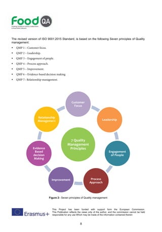8
This Project has been funded with support form the European Commission.
This Publication reflects the views only of the author, and the commission cannot be held
responsible for any use Which may be made of the information contained therein
The revised version of ISO 9001:2015 Standard, is based on the following Seven principles of Quality
management:
 QMP 1 – Customer focus.
 QMP 2 – Leadership.
 QMP 3 – Engagement of people.
 QMP 4 – Process approach.
 QMP 5 – Improvement.
 QMP 6 – Evidence-based decision making.
 QMP 7– Relationship management.
7 Quality
Management
Principles
Customer
Focus
Leadership
Engagement
of People
Process
Approach
Improvement
Evidence
Based
decision
Making
Relationship
Management
Figure 2– Seven principles of Quality management
 